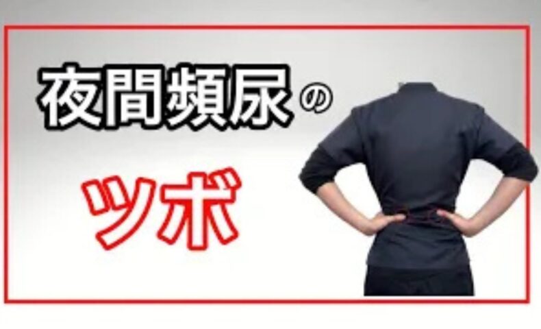 夜中に何度もトイレに起きる夜間頻尿の原因である腎の弱りや水分代謝を調えるために、腰のツボ「腎兪（じんゆ）」とお腹のツボ「水分（すいぶん）」の位置や、黒い食べ物を摂る食事法を解説する石丸院長