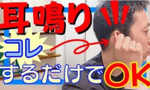 周囲で音が鳴っていないのに耳の中で雑音が響く耳鳴りを改善するために、親指と人差し指で耳全体をつまんで大きく前後10回ずつ回し耳周りの血流を引き上げるセルフケアを実演して解説する石丸院長