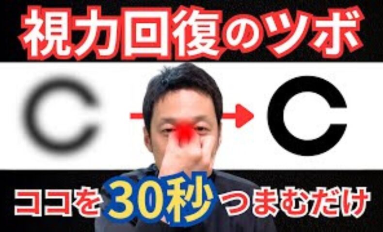 物がぼやける、目のかすみや視力低下を改善するために、目頭の内側にあるツボ「睛明（せいめい）」を親指と人差し指で軽く押しながら30秒つまんでピント調節筋をほぐす手順を解説する石丸院長